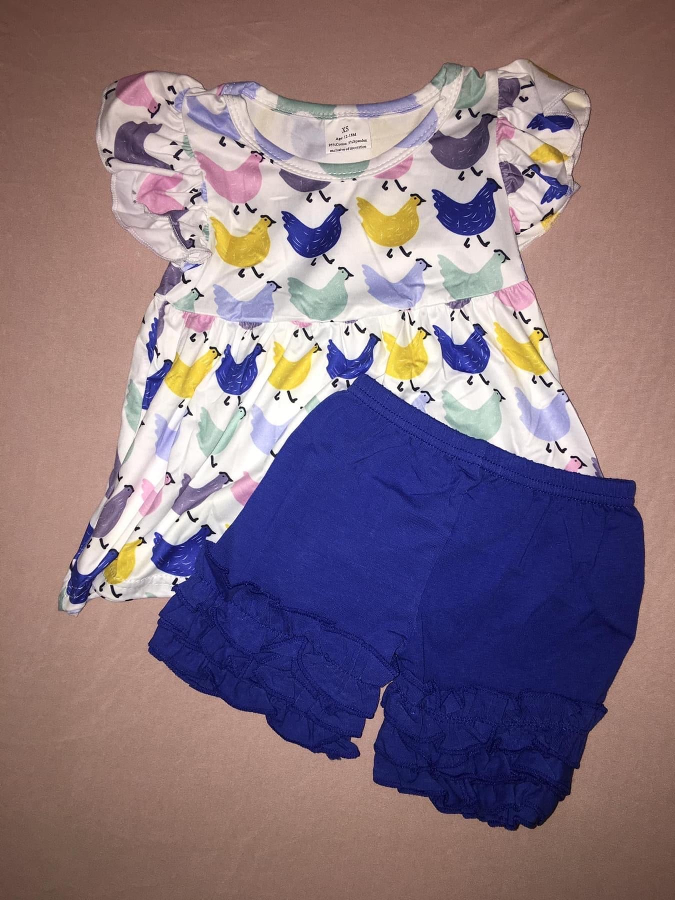 White Chicken Top/Blue Ruffle Bottoms