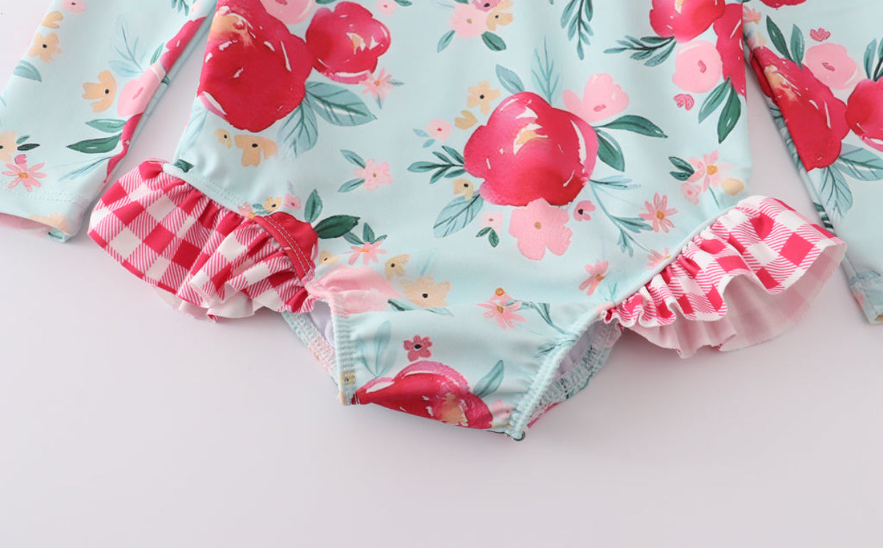 Mint Floral Rashguard Ruffle Swimsuit
