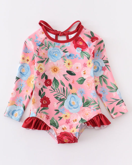 Pink Floral Ruffle Rashguard Swimsuit