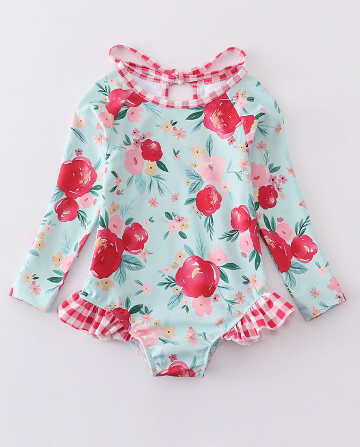 Mint Floral Rashguard Ruffle Swimsuit