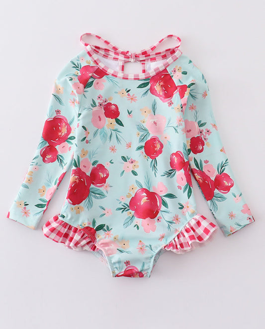 Mint Floral Rashguard Ruffle Swimsuit