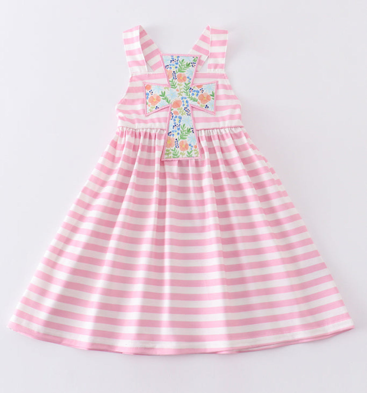 Pink Striped Easter Cross Appliqué Dress