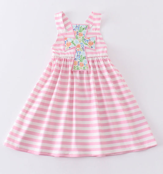 Pink Striped Easter Cross Appliqué Dress