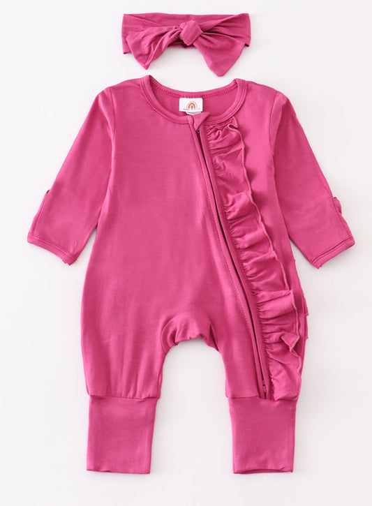 Fuchsia Bamboo Ruffle Zipper 2pc Baby Romper