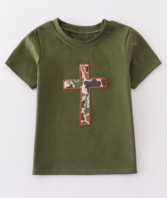 Green Camo Easter Cross Appliqué Top