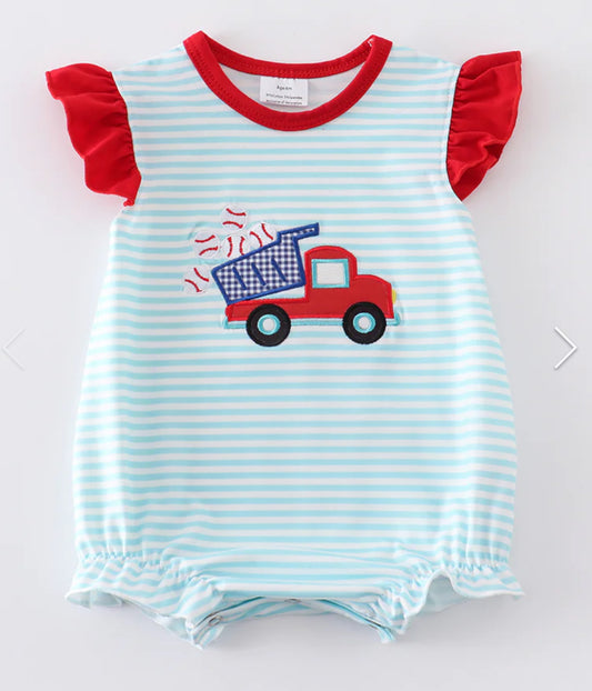 Blue Stripe Dump Truck Baseball Appliqué Bubble