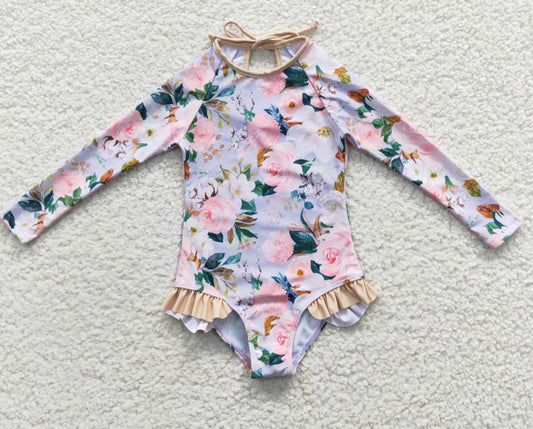 Lavendar & Tan Ruffle Rashguard Swimsuit