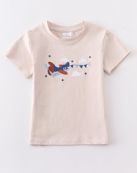 Beige Airplane Appliqué Top