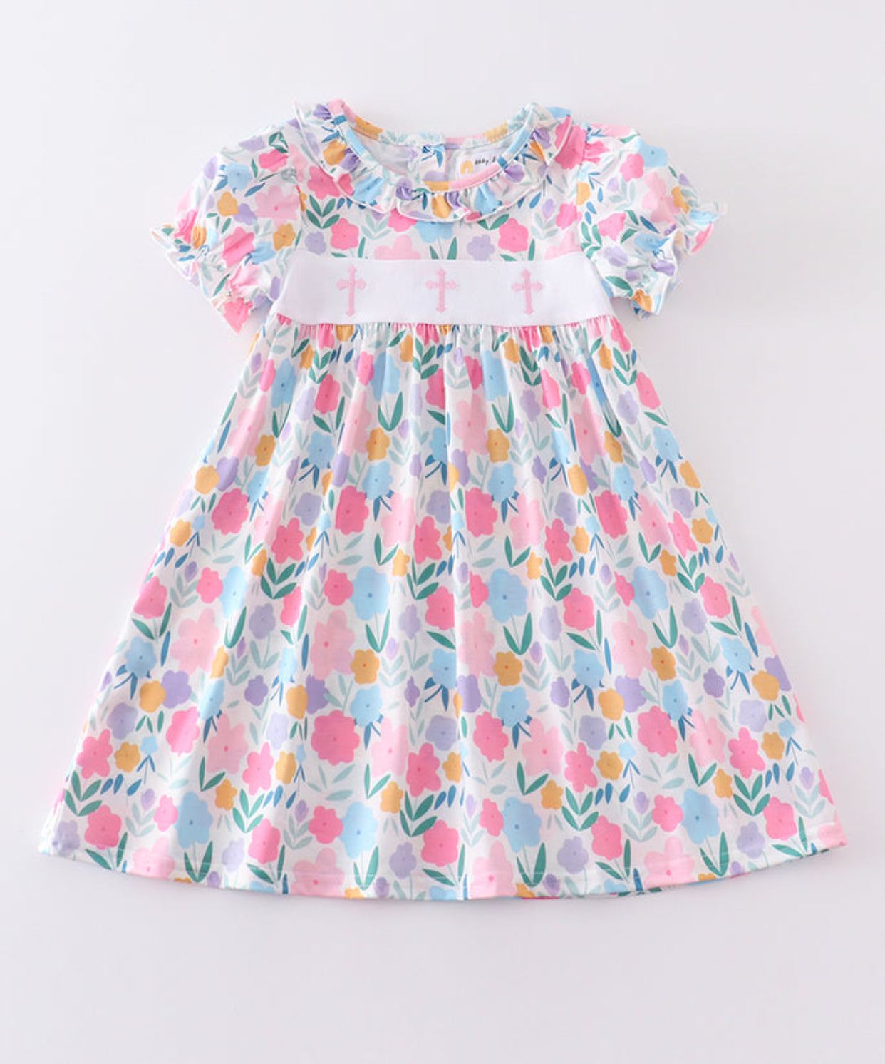 Floral Print Cross Embroidery Dress