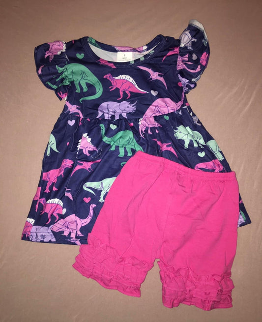 Blue Dinosaur Top/Pink Ruffle Bottoms