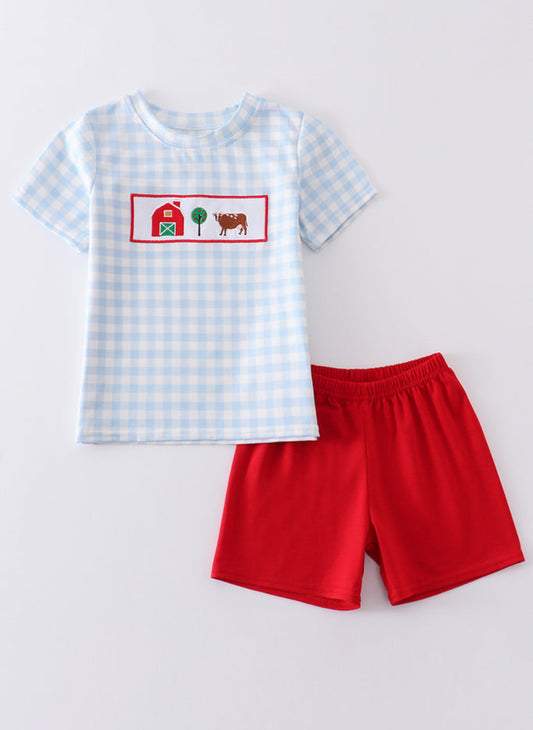 Blue Plaid Farm Embroidery Set