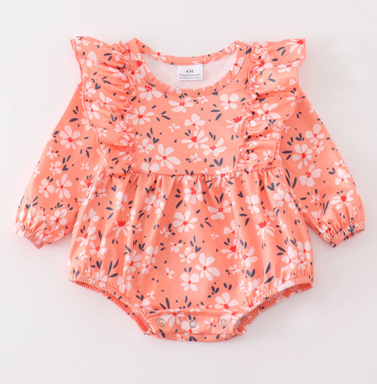 Orange Floral Print Ruffle Romper