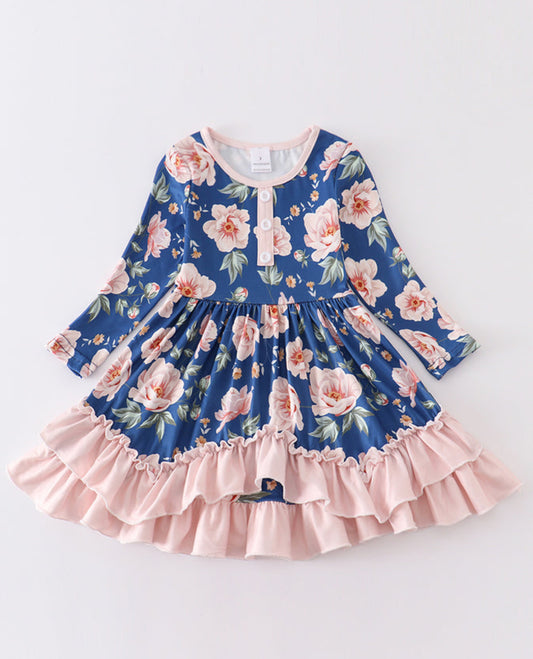 Navy Floral Ruffle Dress