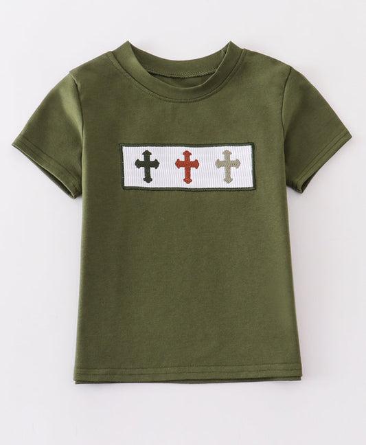 Green Easter Cross Embroidery Smocked Top