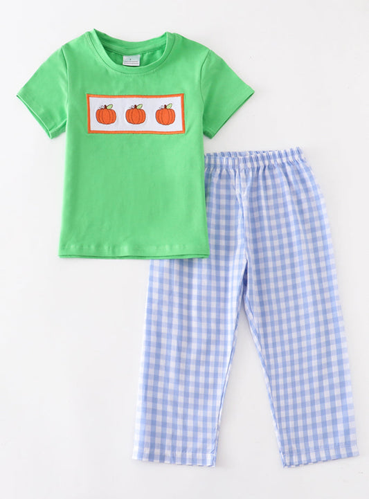 Green Pumpkin Appliqué Shirt with Blue Plaid Pants