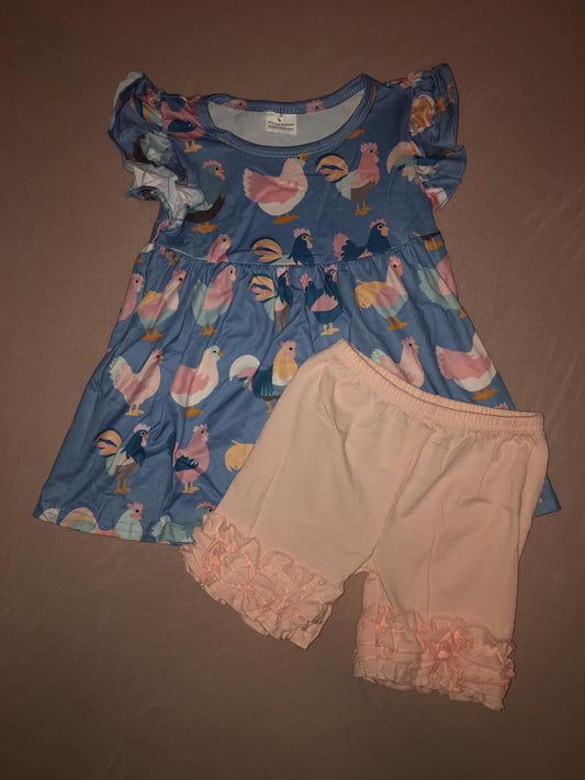 Blue Chicken Top/Pink Ruffle Bottoms
