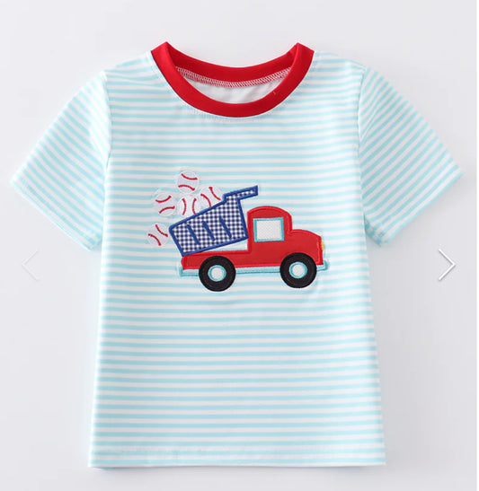 Blue Stripe Dump Truck Baseball Appliqué Top