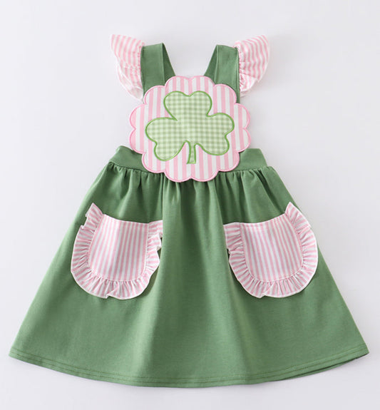 Green & Pink Clover Appliqué Dress
